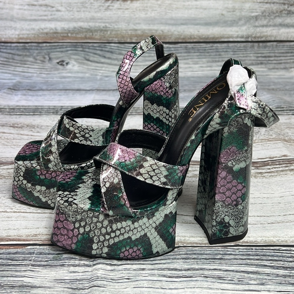 OMINE Women’s Platform 6.5” Heels – Purple/Silver/Green/Black – Size 6